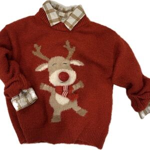 Zara Red Knit Sweater & plaid shirt